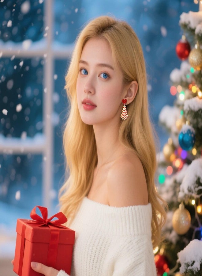 ecozran Christmas Tree Cake Dangle Earrings Red Heart Stud Glittering Christmas for Women Cute Fun Earring Festive Holiday Jewelry Lightweight Earrings (L) - Image 5